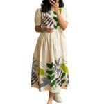 Shasmi Floral Print Midi Dress, Round Neck, Puff Sleeves, Beige with Yellow and Red, Fit and Flare (Dress 188)