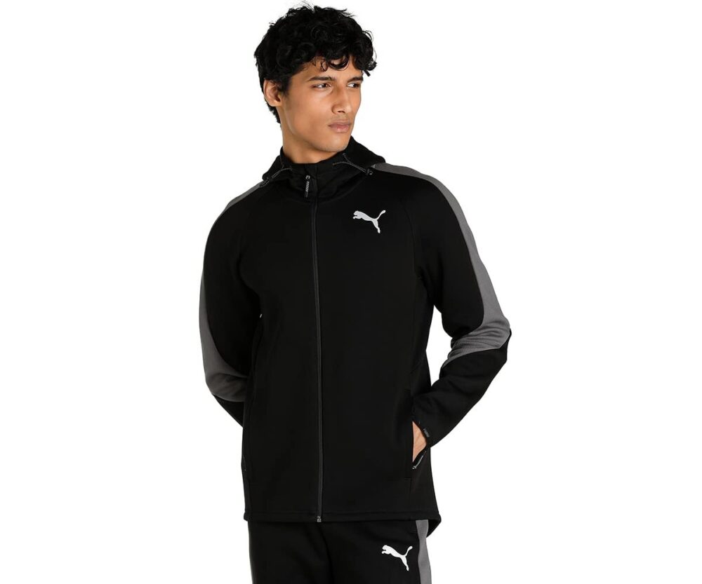 Puma Men's Cotton Printed A-Line Coat (84991501_Black_XL), Fitted, Hoodie Neck