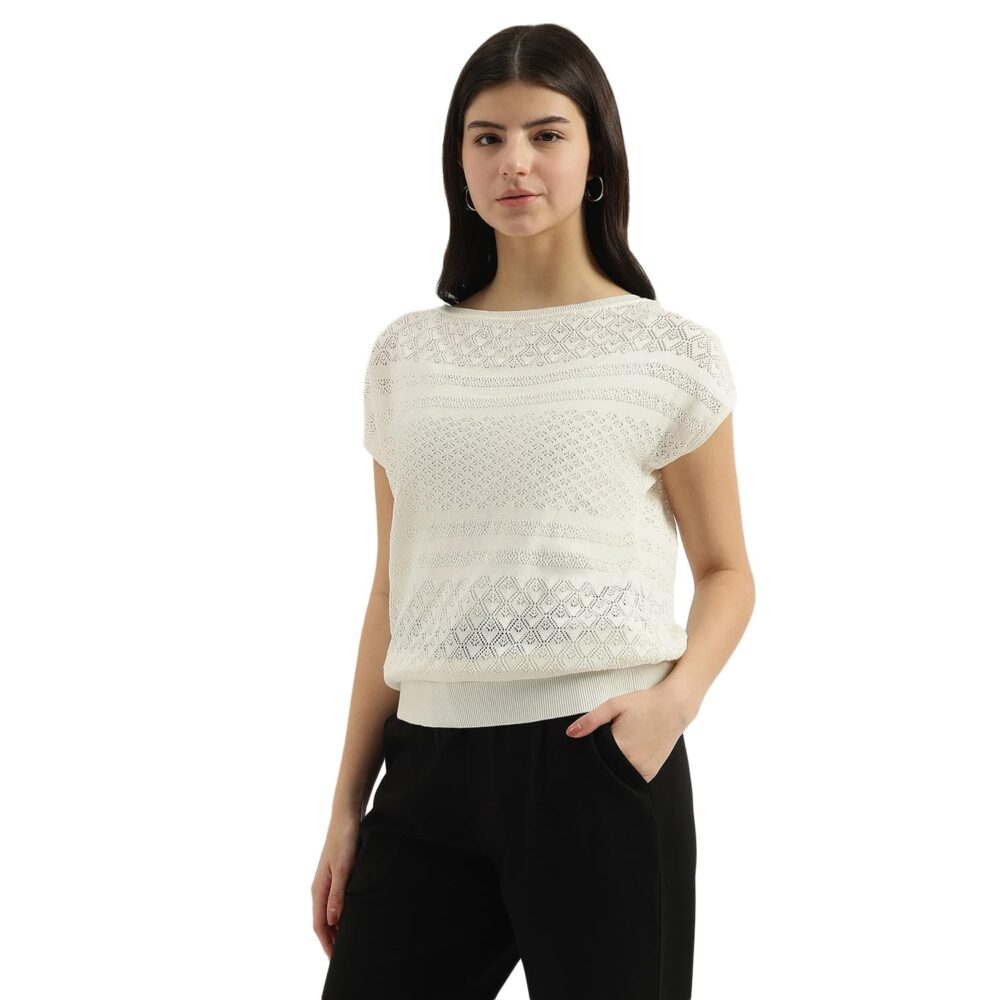 United Colors of Benetton Boat Neck Textured Top (Size: XL)-25P1194D10AGG074 Cream - Image 5