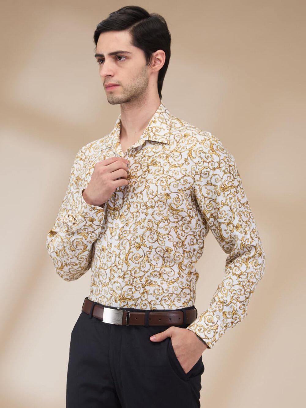 Raymond Men Regular Fit Print Pattern Pure Silk Semi Cutaway Collar Full Sleeve Formal Shirt (Size: 42)-RPSX09136-Y4 Medium Yellow - Image 6