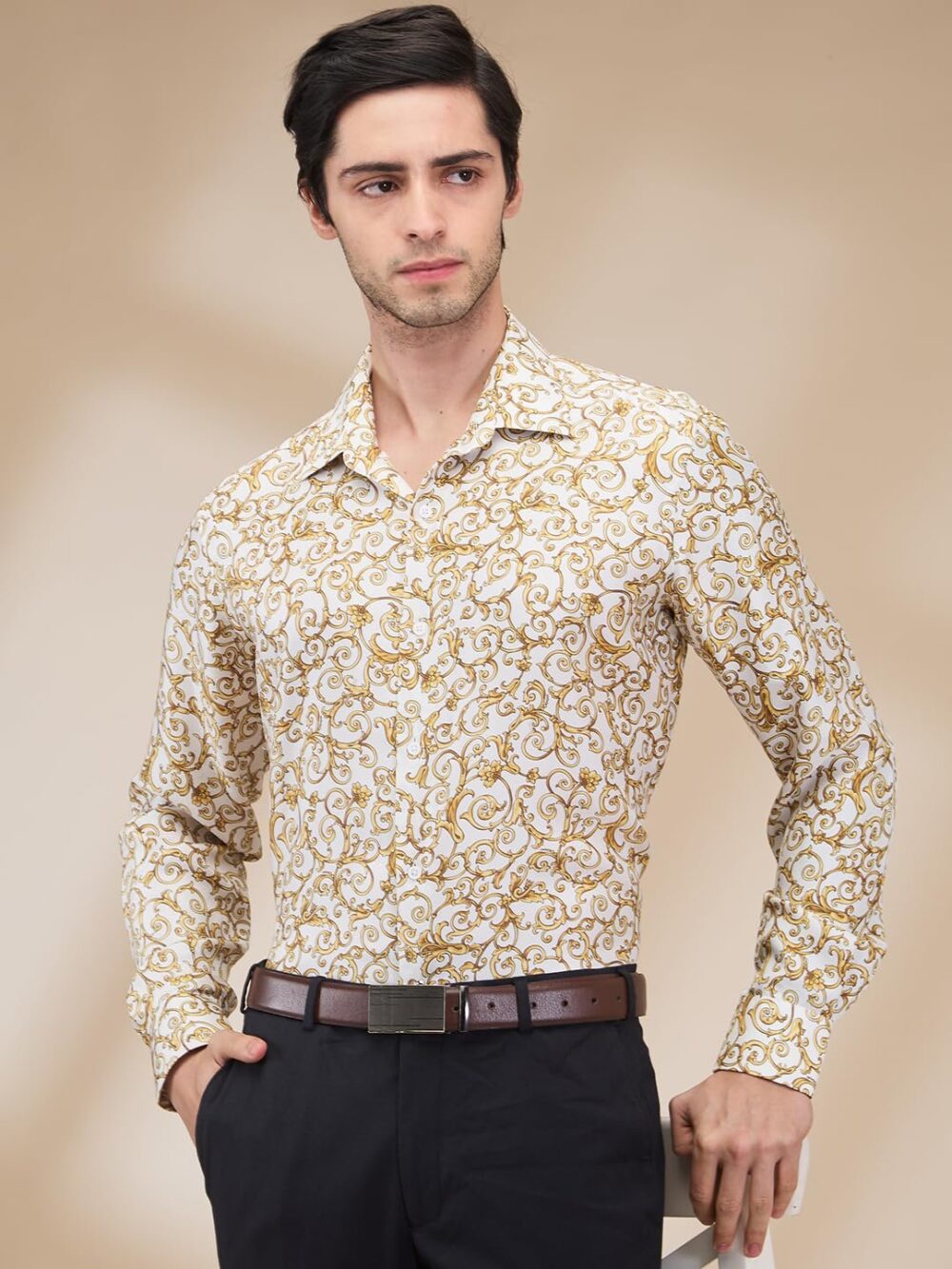 Raymond Men Regular Fit Print Pattern Pure Silk Semi Cutaway Collar Full Sleeve Formal Shirt (Size: 42)-RPSX09136-Y4 Medium Yellow - Image 2