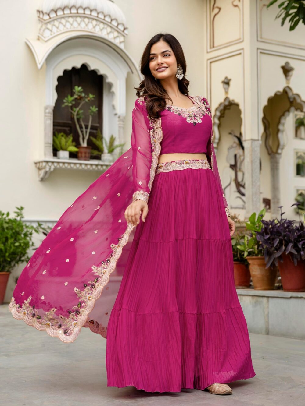 TRENDMALLS Women's Soft Organza Embroidery Crop Top with Flared Pleated Skirt and Shrug Set (G294-Pink-M) - Image 3