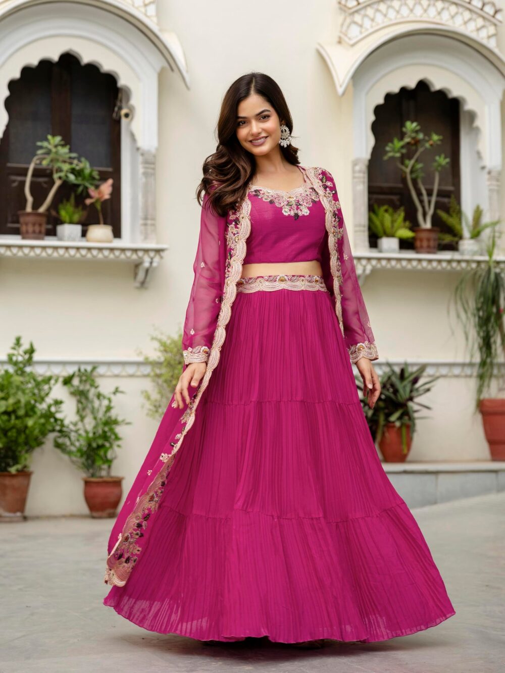 TRENDMALLS Women's Soft Organza Embroidery Crop Top with Flared Pleated Skirt and Shrug Set (G294-Pink-M) - Image 8