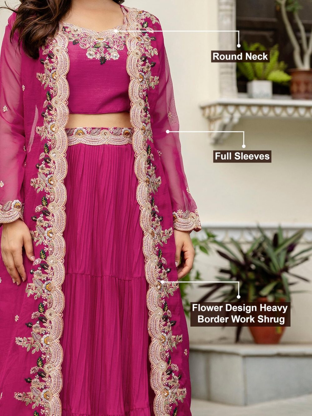 TRENDMALLS Women's Soft Organza Embroidery Crop Top with Flared Pleated Skirt and Shrug Set (G294-Pink-M) - Image 7